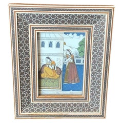 Indian South India Framed Miniature Mughal Painting of Royal Women in Courtyard