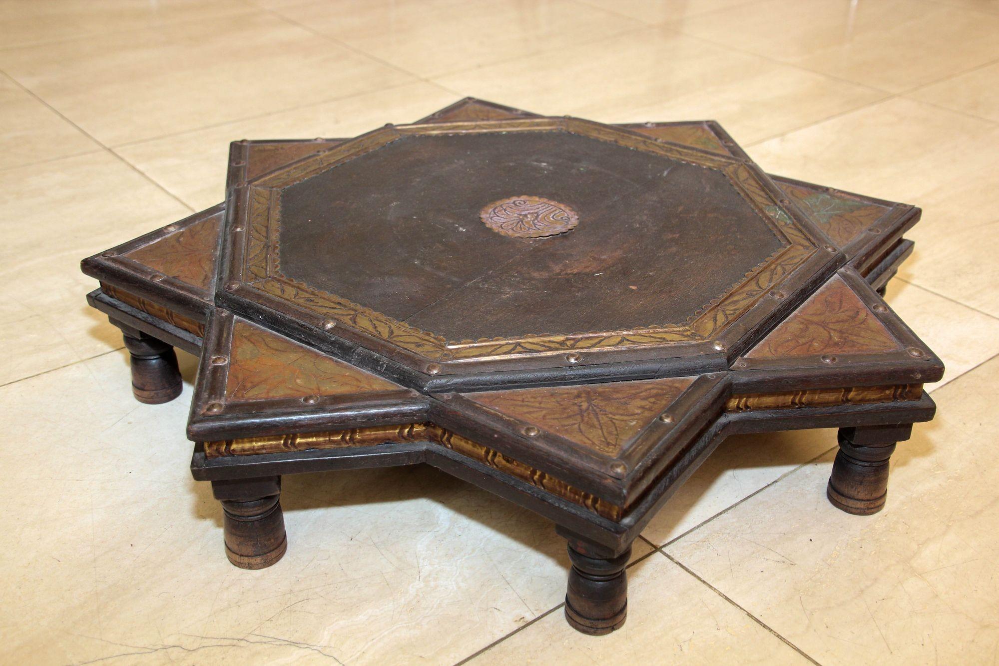 Anglo Raj Indian Star Shape Wooden and Brass Low Coffee Table 1950s For Sale