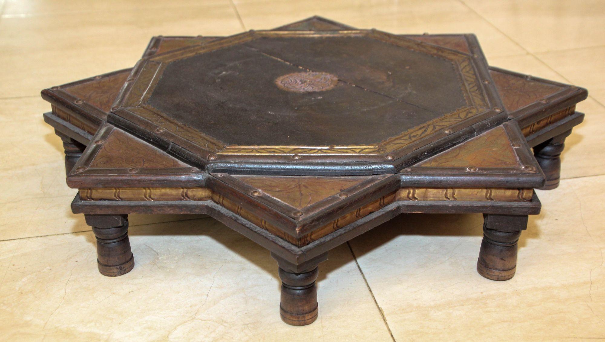 Hand-Carved Indian Star Shape Wooden and Brass Low Coffee Table 1950s For Sale