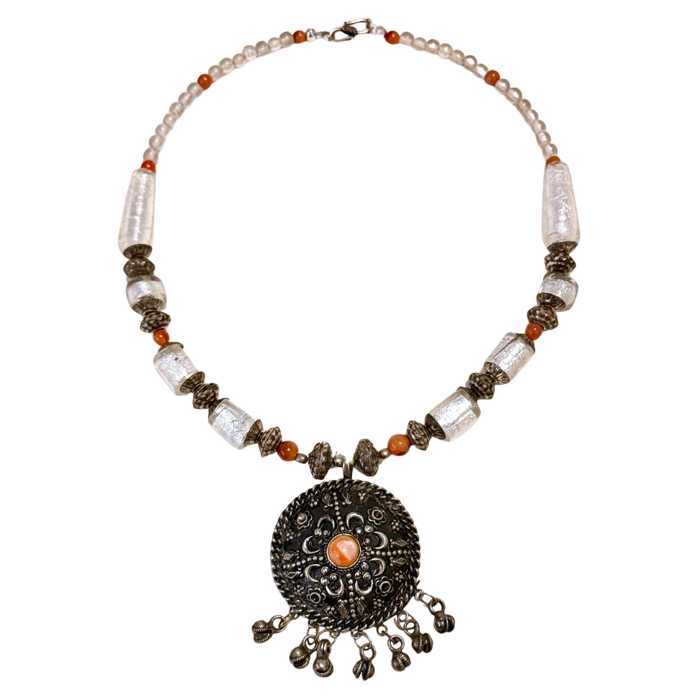 Indian Statement Choker (1970s-80s) – 160g Silver Foil Glass, Brass & Carnelian For Sale