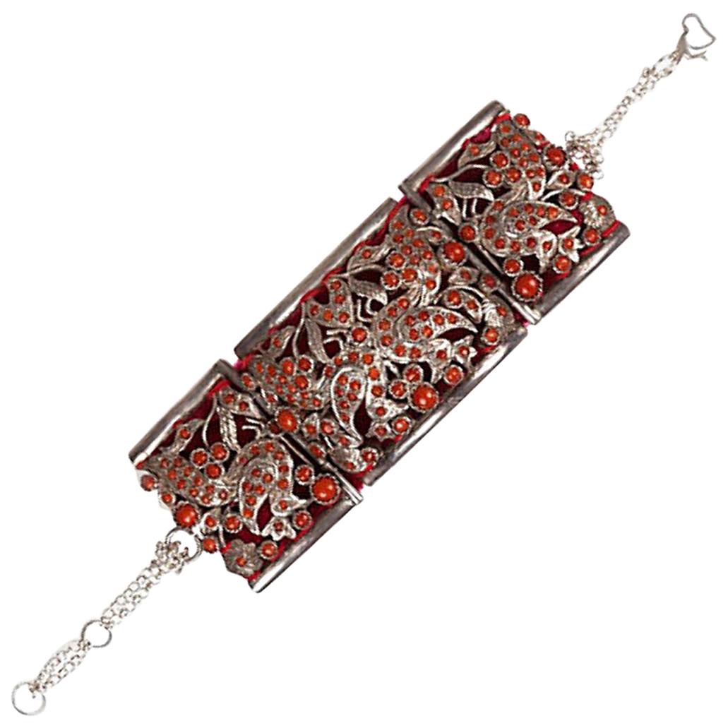 Indian Sterling Silver Coral Bracelet For Sale