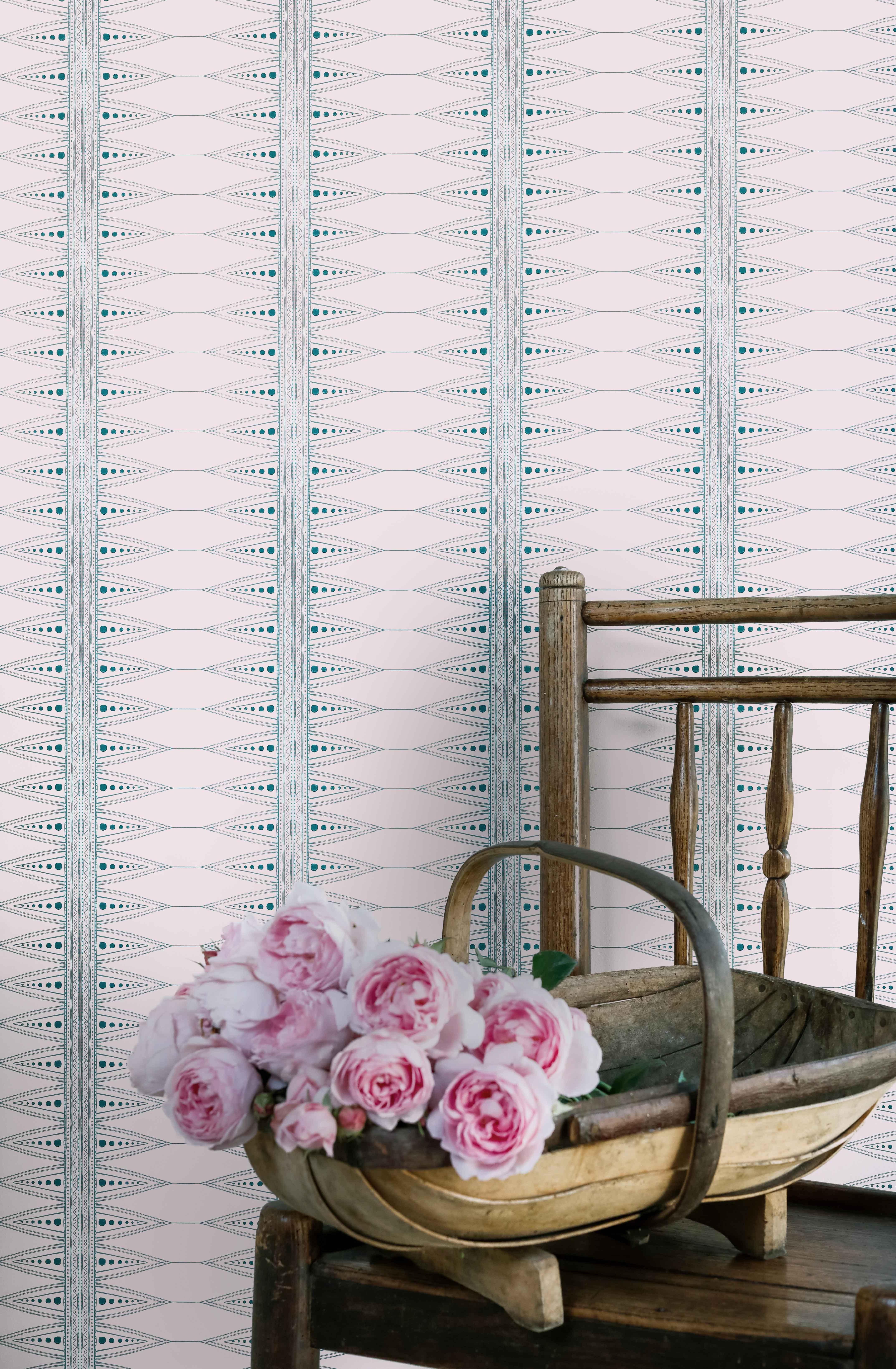 British 'Indian Stripe' Contemporary, Traditional Wallpaper in Pale Pink/Teal For Sale