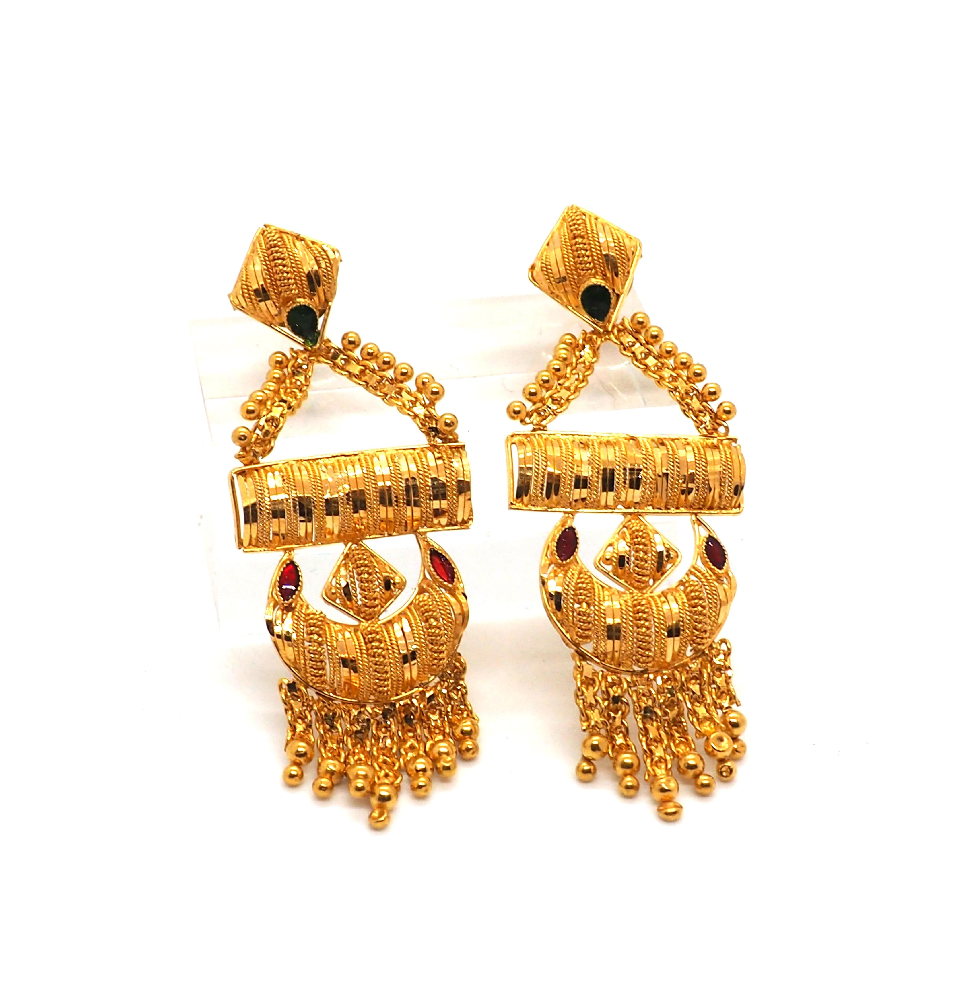 Cabochon Indian Style 21K Gold Chandelier Earrings For Sale