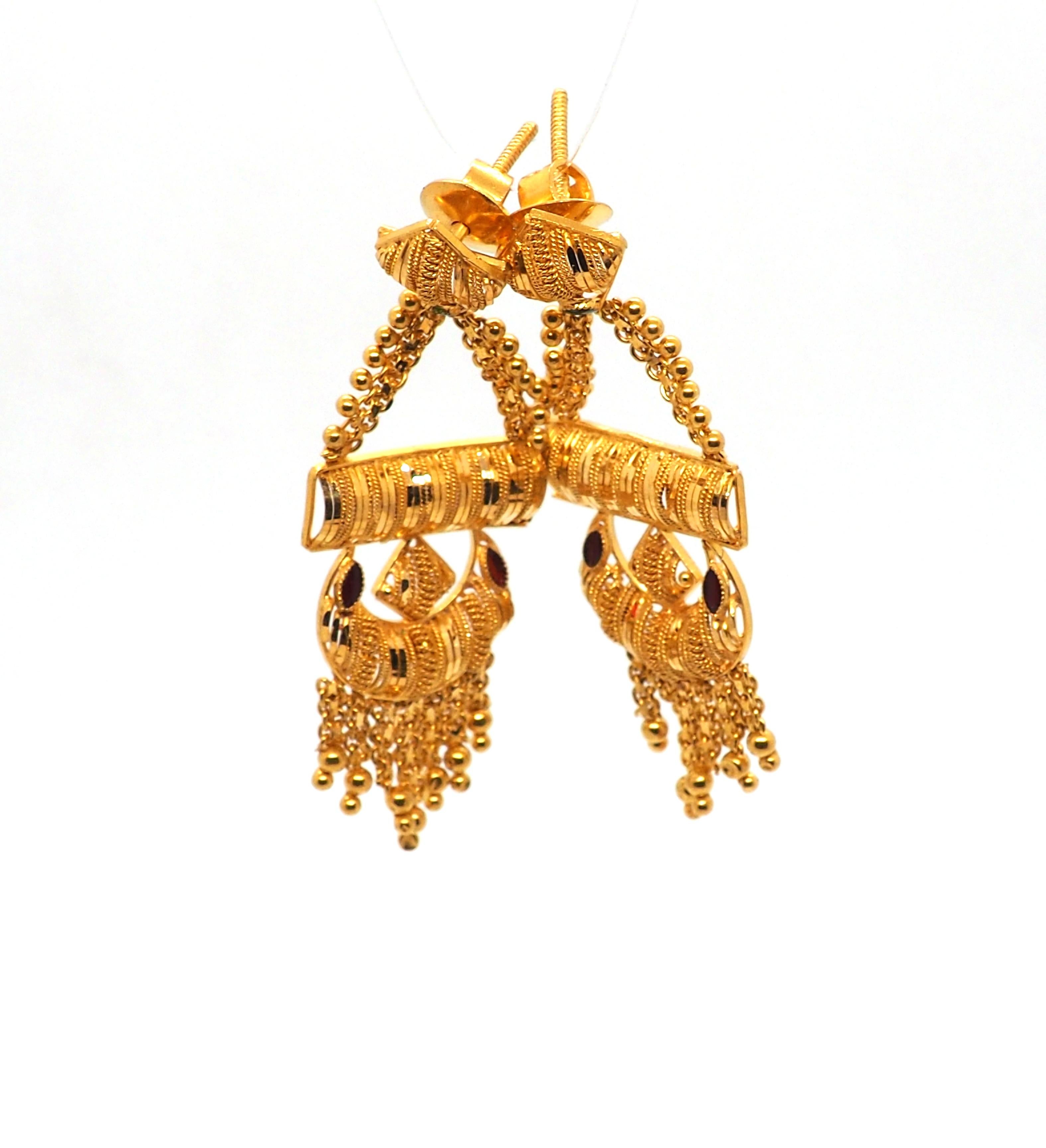 Cabochon Indian Style Chandelier Earrings 21 Karat Gold For Sale