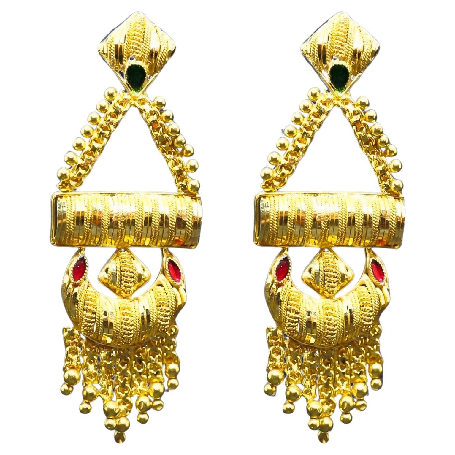 Indian Style 21K Gold Chandelier Earrings For Sale