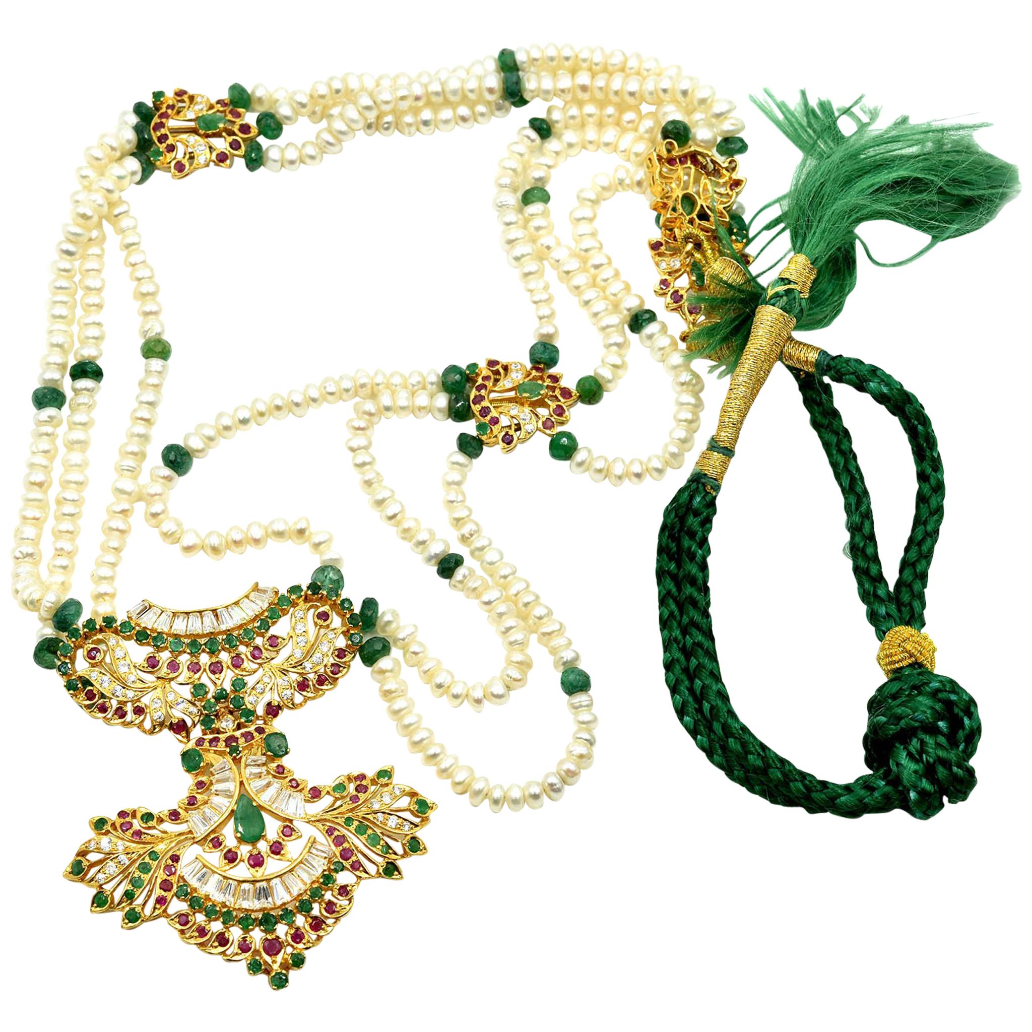 Indian Style 22 Karat Gold Ruby, Emerald, and Pearl Strung Pendant Necklace