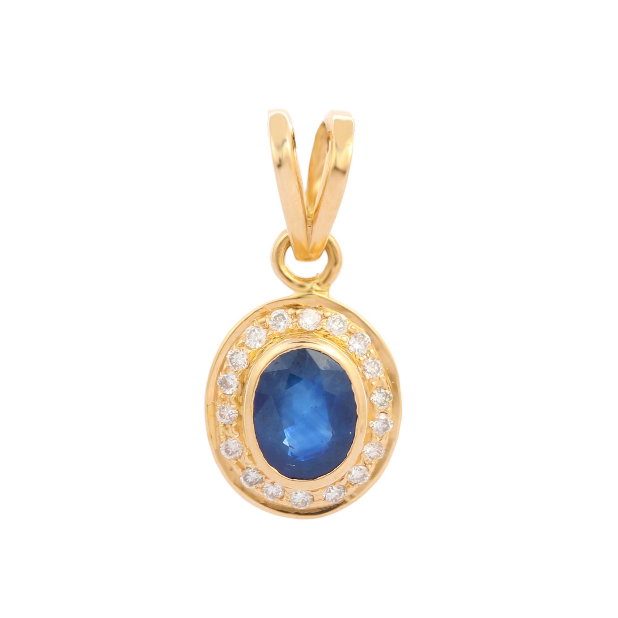Natural Blue Sapphire pendant in 18K Gold. It has a oval cut sapphire studded with diamonds that completes your look with a decent touch. Pendants are used to wear or gifted to represent love and promises. It's an attractive jewelry piece that goes