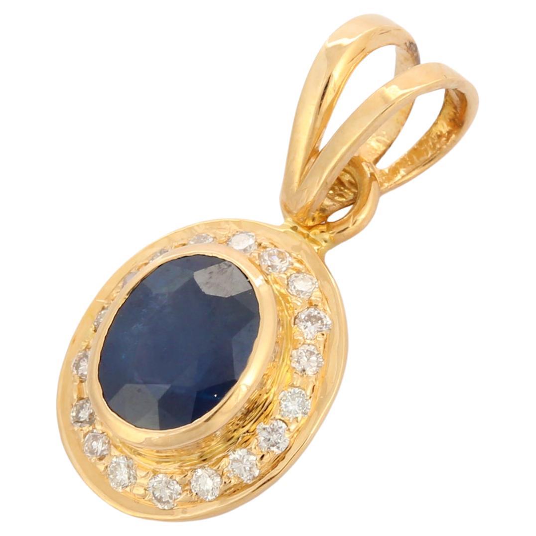 Indian Style Blue Sapphire and Diamond Halo Pendant in 18K Solid Yellow Gold For Sale