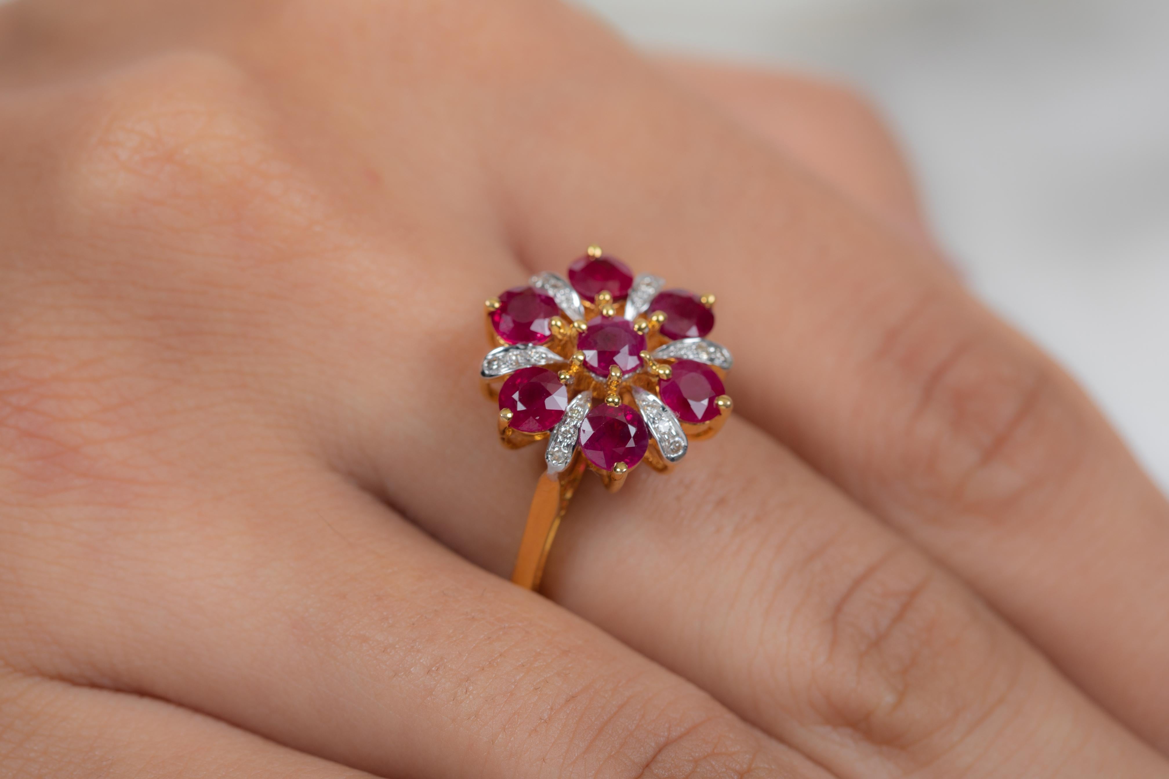 For Sale:  Indian Style Engraved Ruby Flower Diamond Engagement Ring in 18K Yellow Gold 2