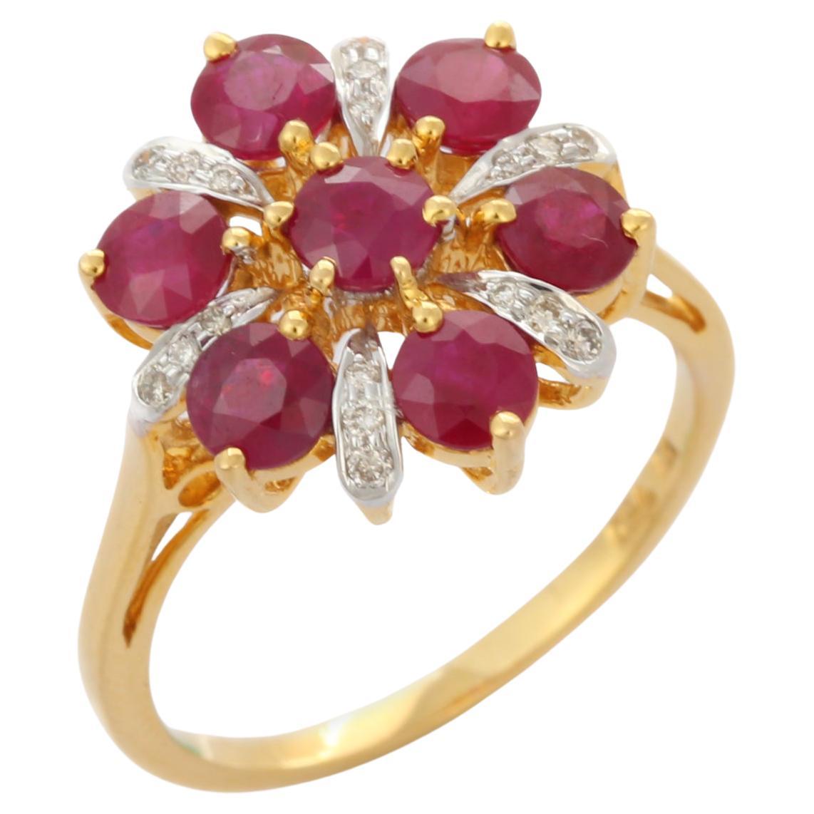 For Sale:  Indian Style Engraved Ruby Flower Diamond Engagement Ring in 18K Yellow Gold  3