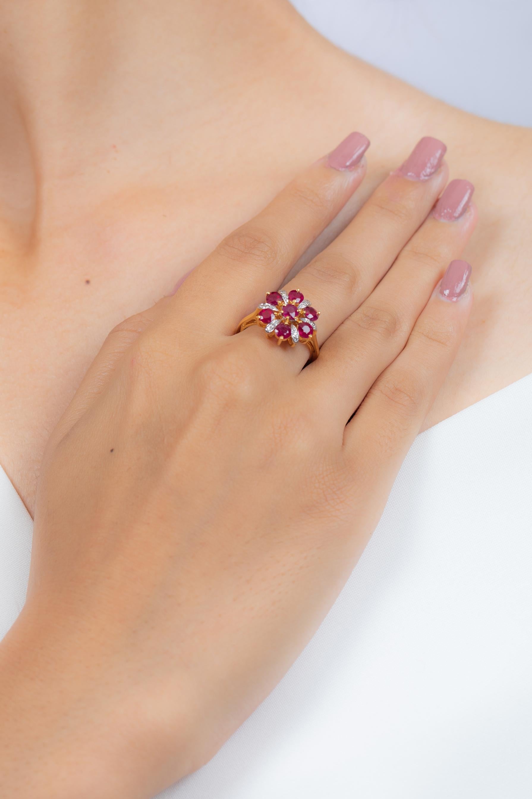 For Sale:  Indian Style Engraved Ruby Flower Diamond Engagement Ring in 18K Yellow Gold  4