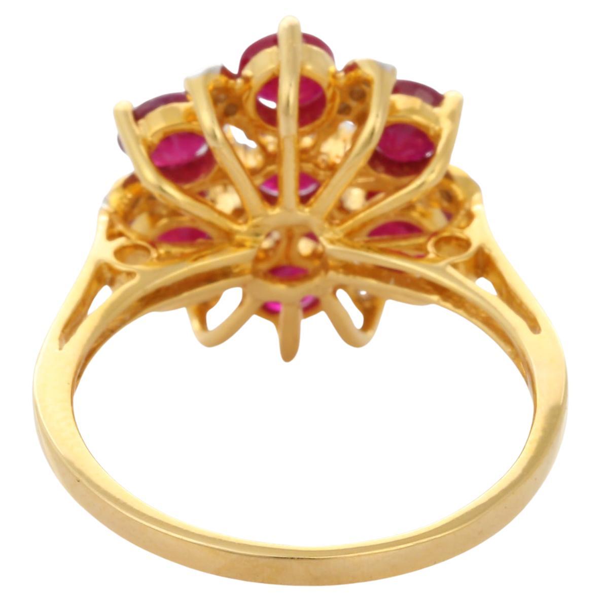 For Sale:  Indian Style Engraved Ruby Flower Diamond Engagement Ring in 18K Yellow Gold  5