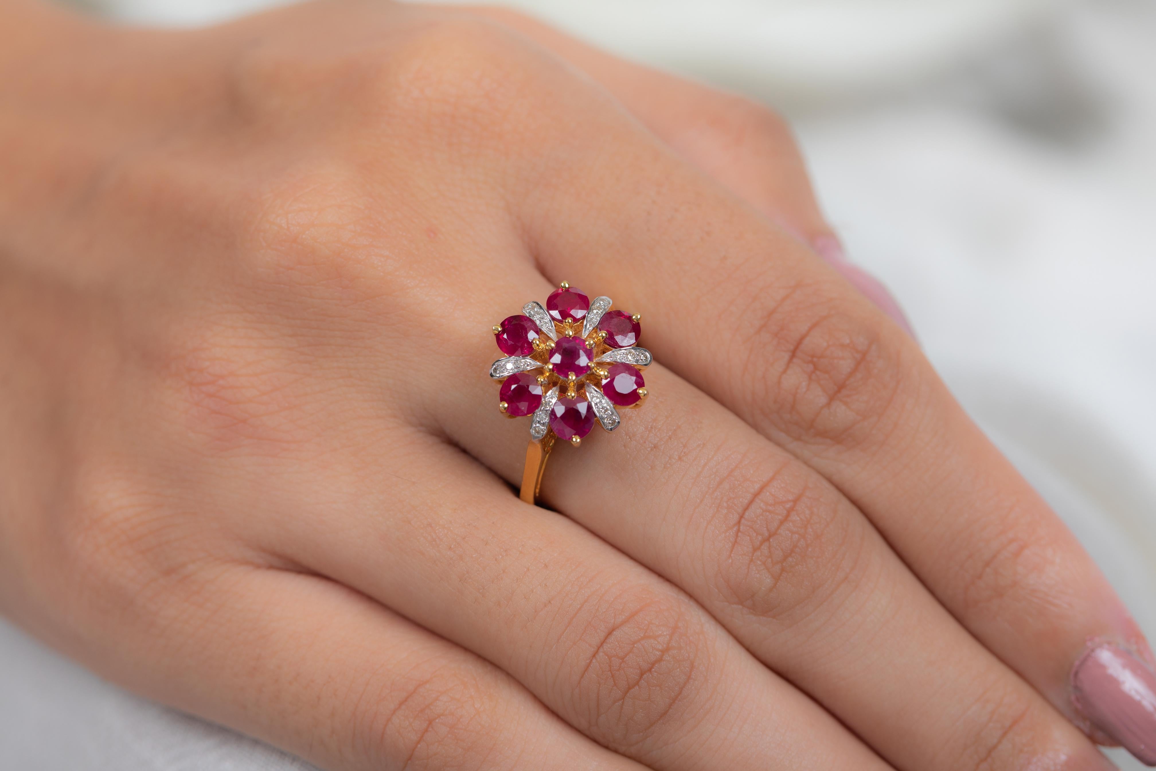 For Sale:  Indian Style Engraved Ruby Flower Diamond Engagement Ring in 18K Yellow Gold  6