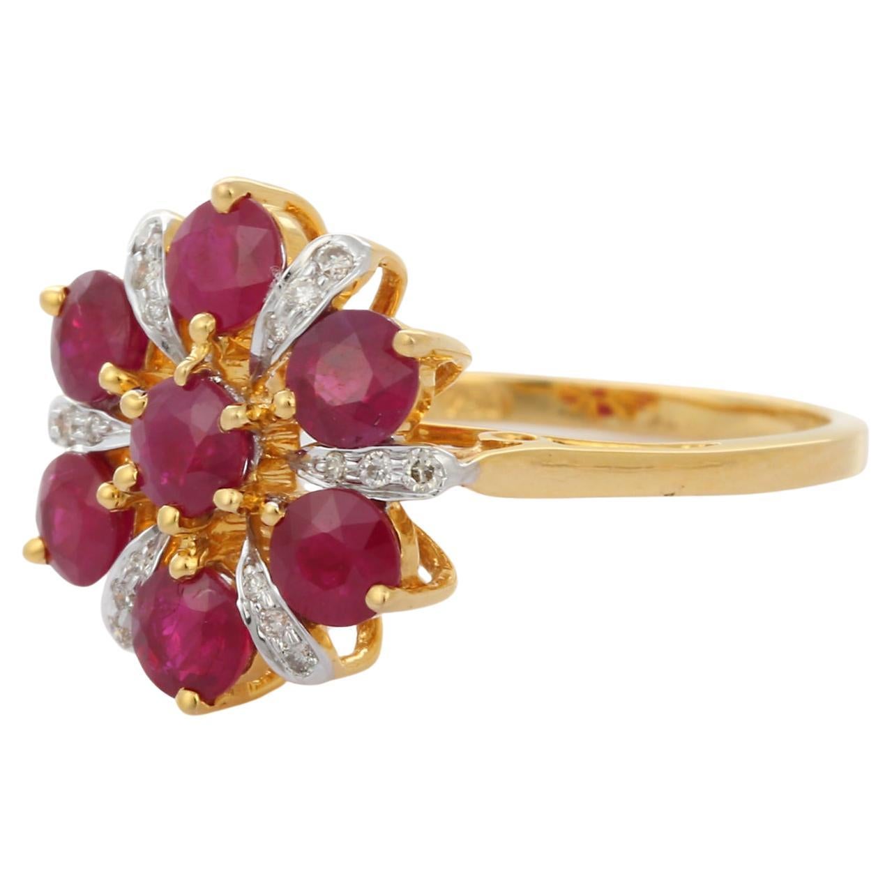 For Sale:  Indian Style Engraved Ruby Flower Diamond Engagement Ring in 18K Yellow Gold  7