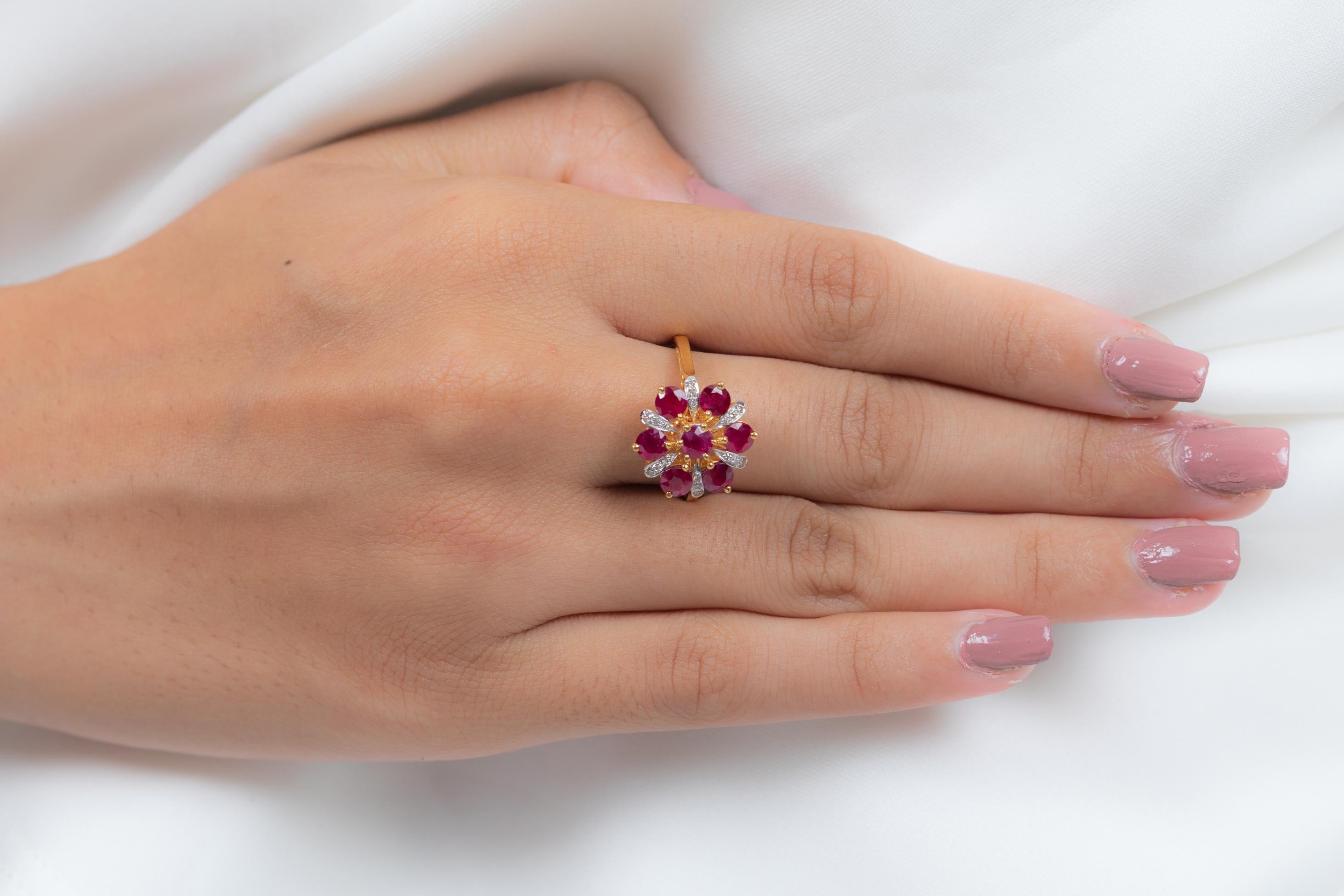 For Sale:  Indian Style Engraved Ruby Flower Diamond Engagement Ring in 18K Yellow Gold  8