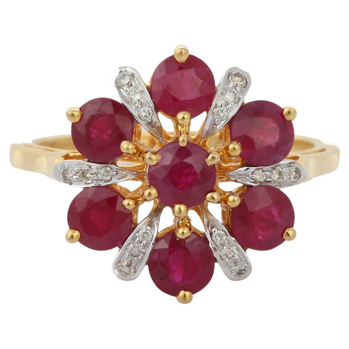 For Sale:  Indian Style Engraved Ruby Flower Diamond Engagement Ring in 18K Yellow Gold 9