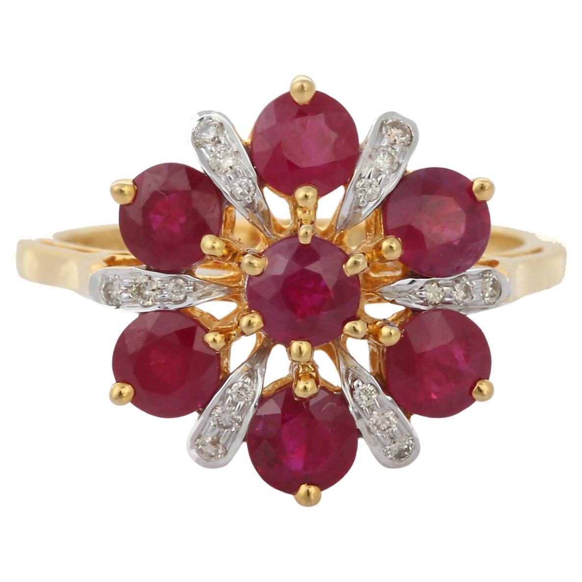 Indian Style Engraved Ruby Flower Diamond Engagement Ring in 18K Yellow Gold 