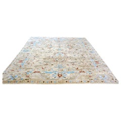 Indian Sultanabad Bamboo Silk 10x10 Light Blue & Ivory Handmade Square Area Rug