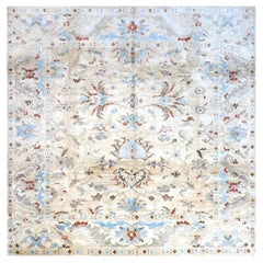 Indian Sultanabad Bamboo Silk 10x10 Light Blue & Ivory Handmade Square Area Rug