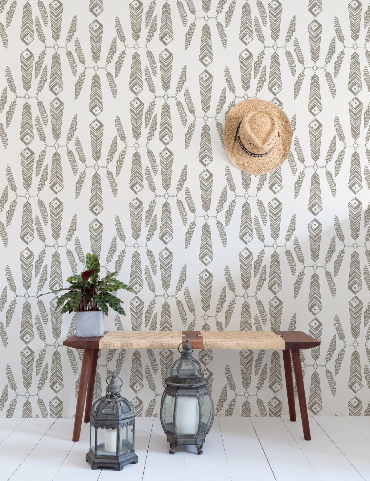 Indian Summer Designer Wallpaper in Brush 'Warm Charcoal on Soft White' In New Condition For Sale In Brooklyn, NY