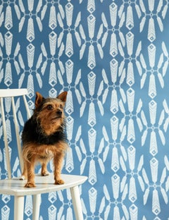 Indian Summer Designer Wallpaper in Lagoon 'White on Aegean Blue'