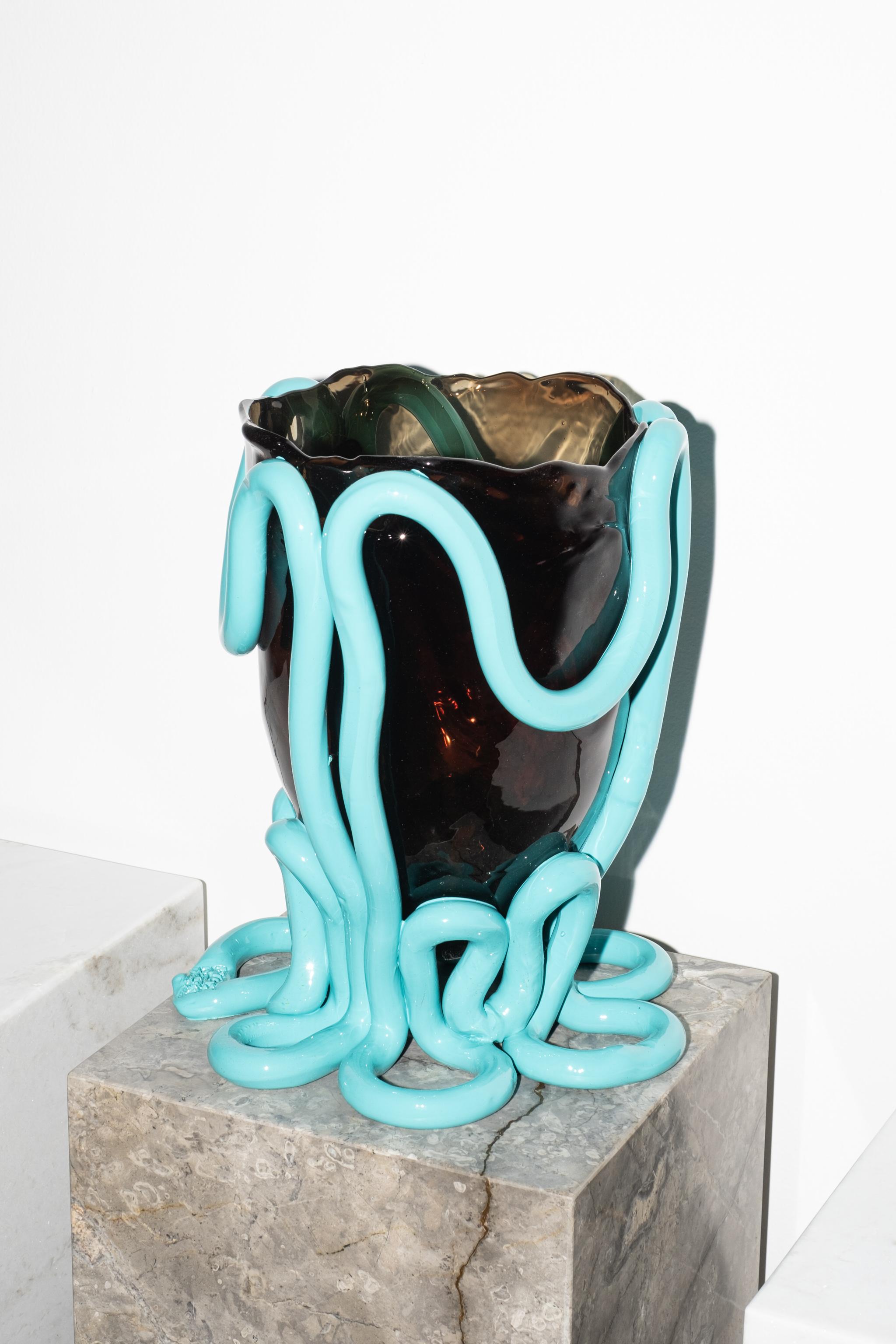 Modern Indian Summer Vase (Large), Clear Fume and Matte Turquoise by Gaetano Pesce For Sale