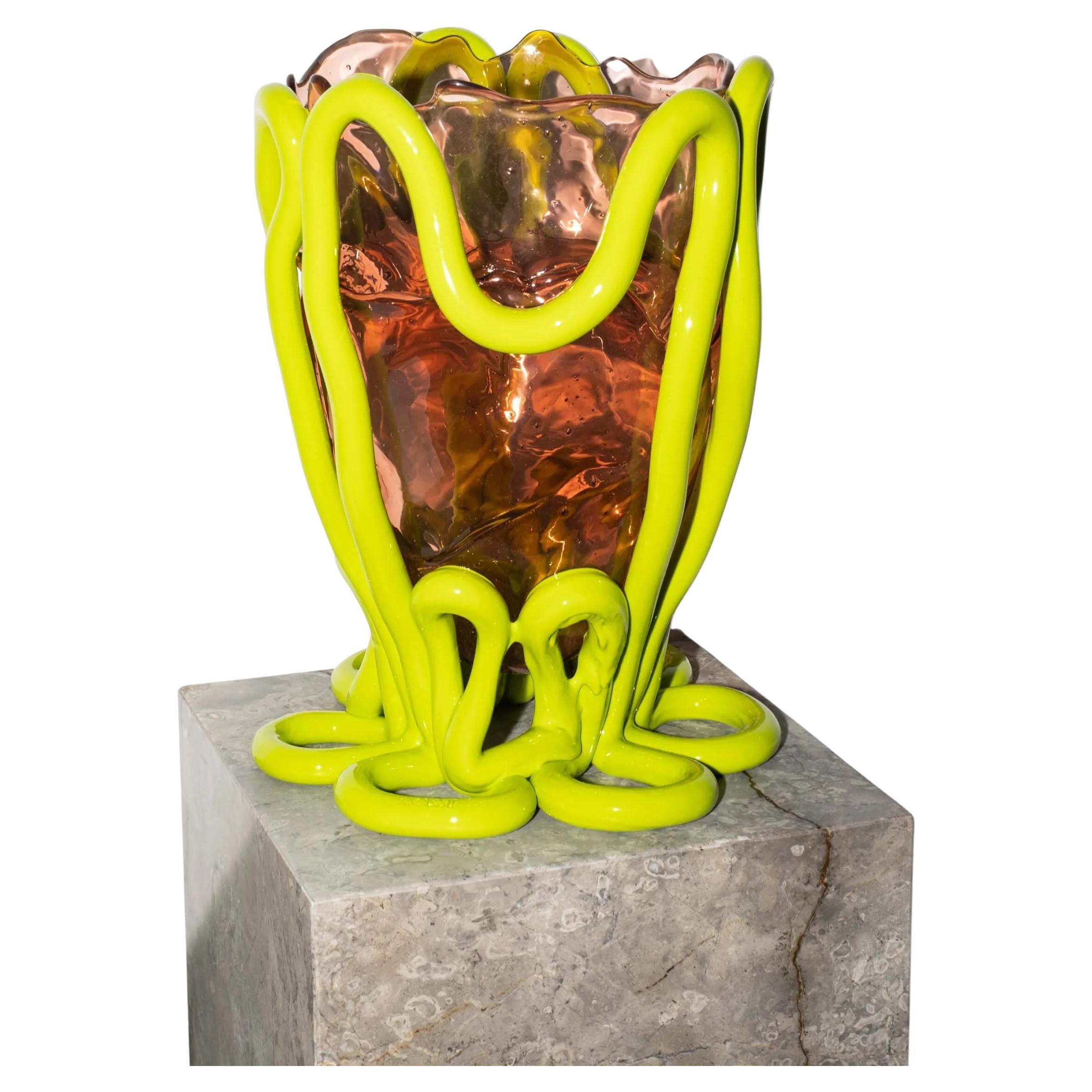 Indian Summer Vase (Large), Clear Pink and Matte Lime by Gaetano Pesce