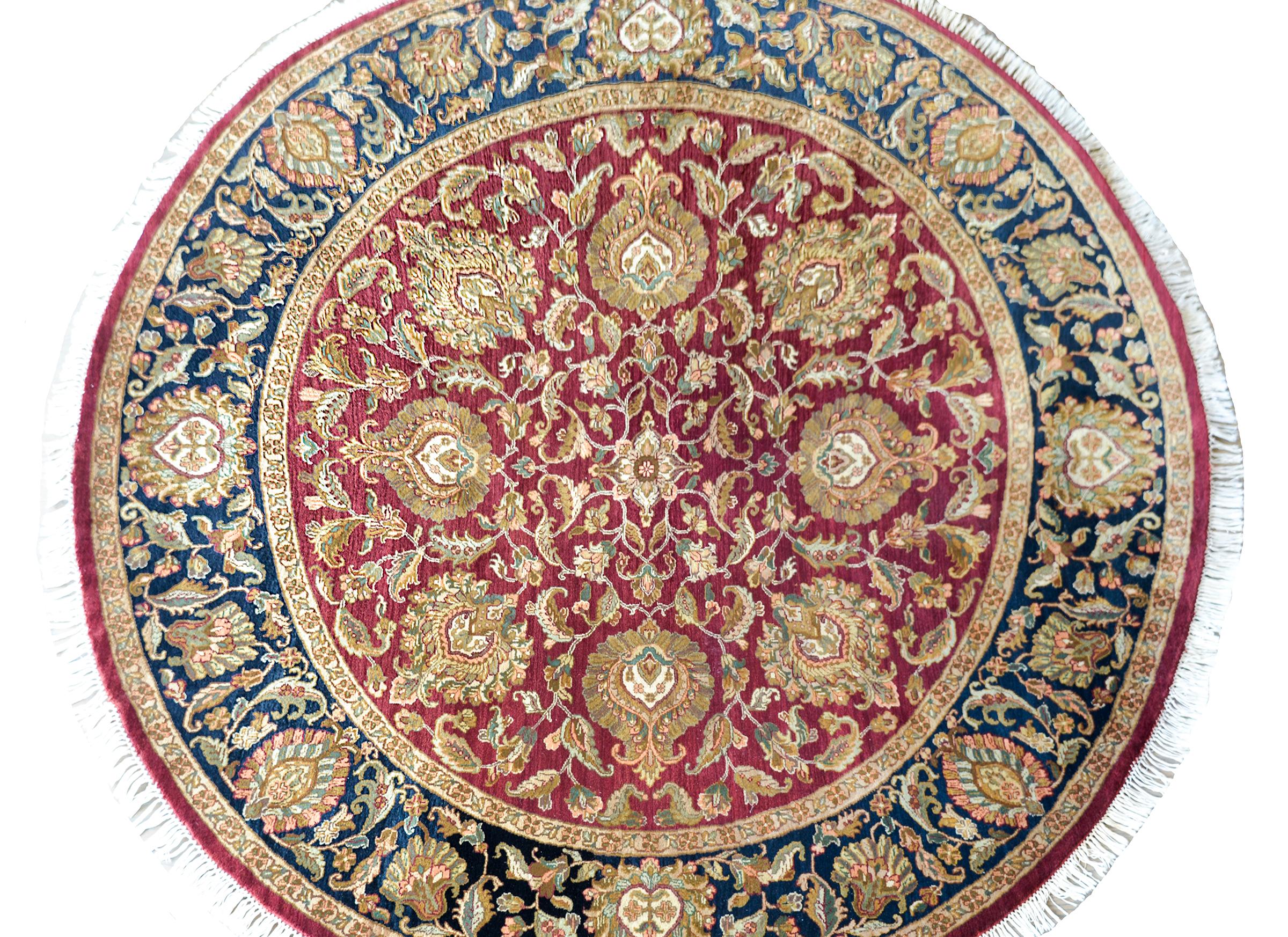 Hand-Knotted Indian Tabriz-Style Round Rug For Sale