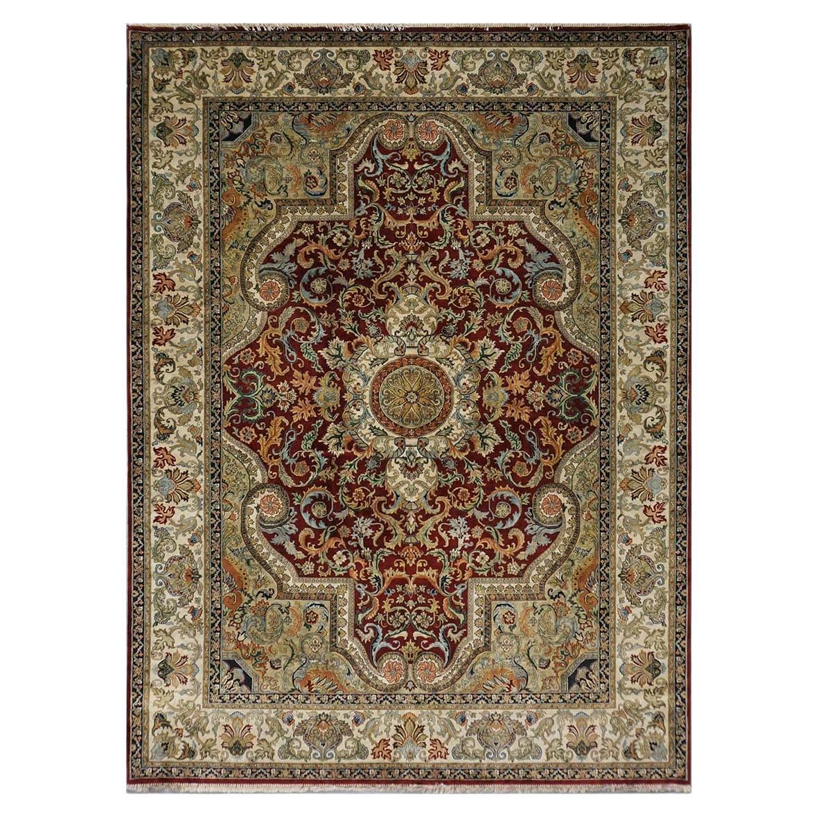 Indian Tabriz Wool 9x12 Red 
Ivory Handmade Area Rug For Sale