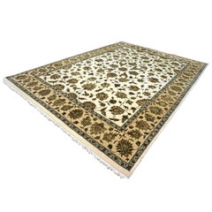 Tappeto indiano Tabriz in lana e seta 9x12 avorio, tan, blu e verde fatto a mano