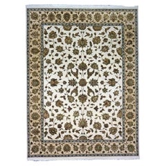 Tappeto indiano Tabriz in lana e seta 9x12 avorio, tan, blu e verde fatto a mano