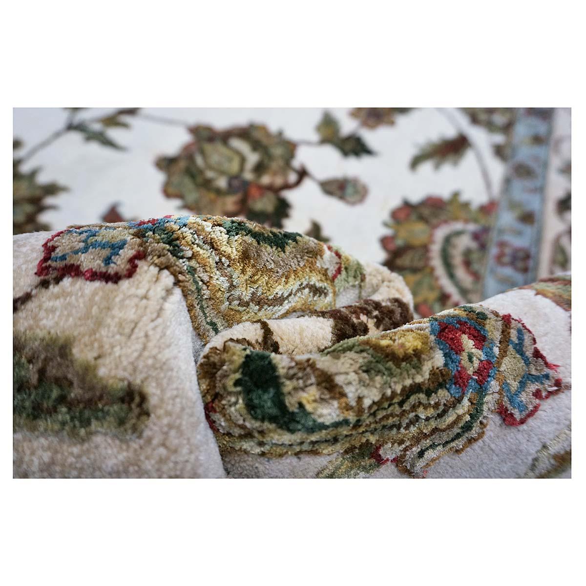 Indian Tabriz Wool & Silk 9x12 White Ivory, Tan, Blue, & Green Handmade Area Rug For Sale 11