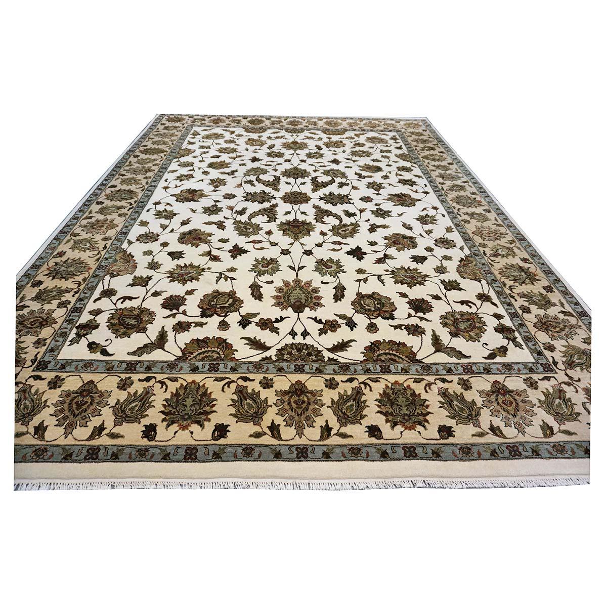 Hand-Woven Indian Tabriz Wool & Silk 9x12 White Ivory, Tan, Blue, & Green Handmade Area Rug For Sale