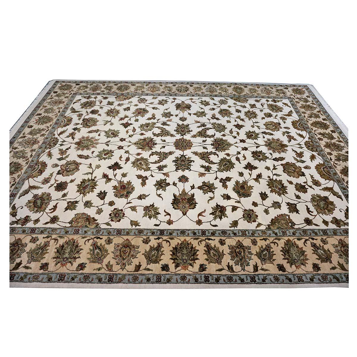 Contemporary Indian Tabriz Wool & Silk 9x12 White Ivory, Tan, Blue, & Green Handmade Area Rug For Sale