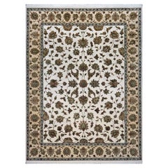 Indian Tabriz Wool & Silk 9x12 White Ivory, Tan, Blue, & Green Handmade Area Rug