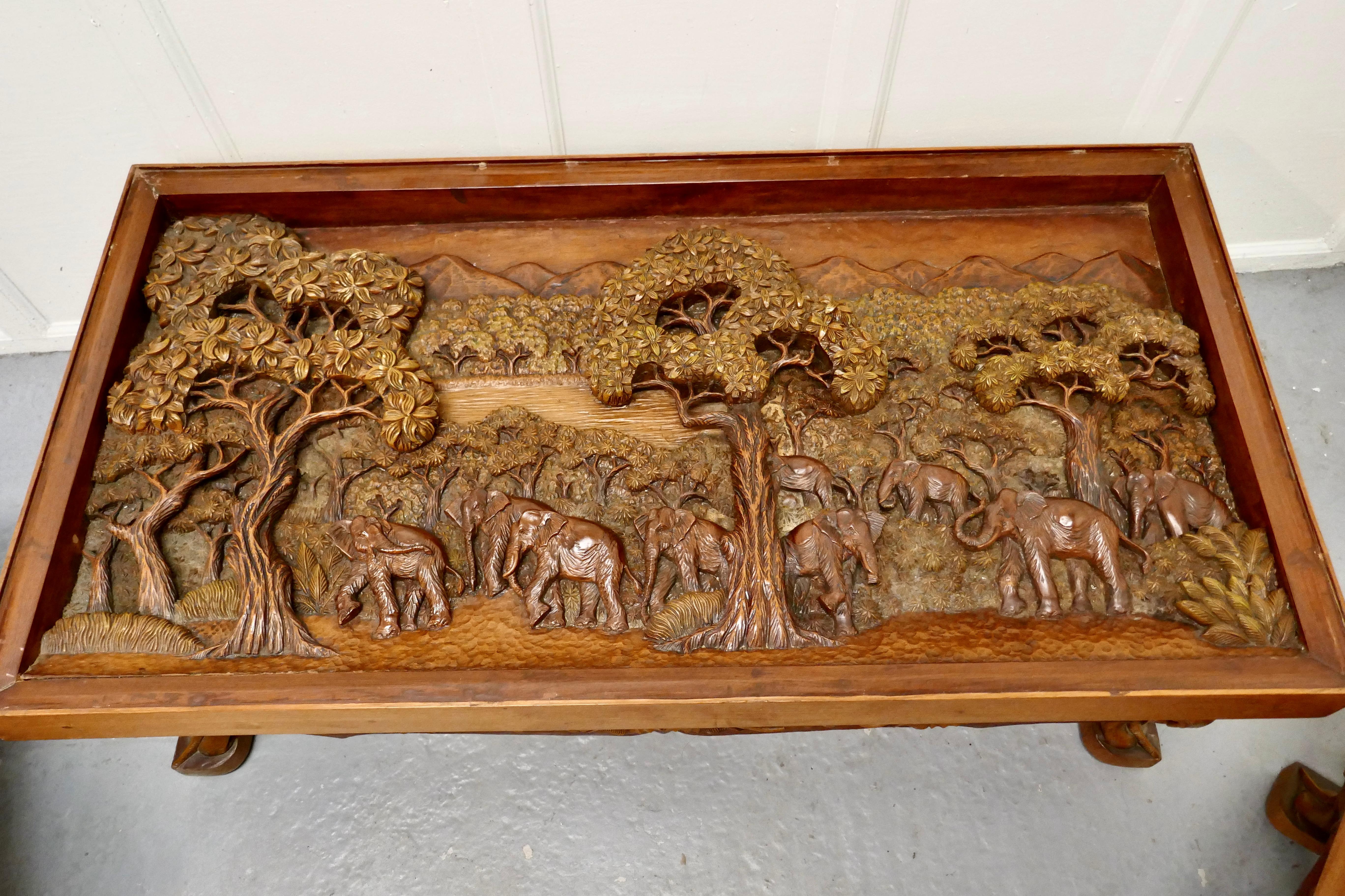 Indian Teak Coffee Table and Side Table Set Carved with Elephants For Sale 3