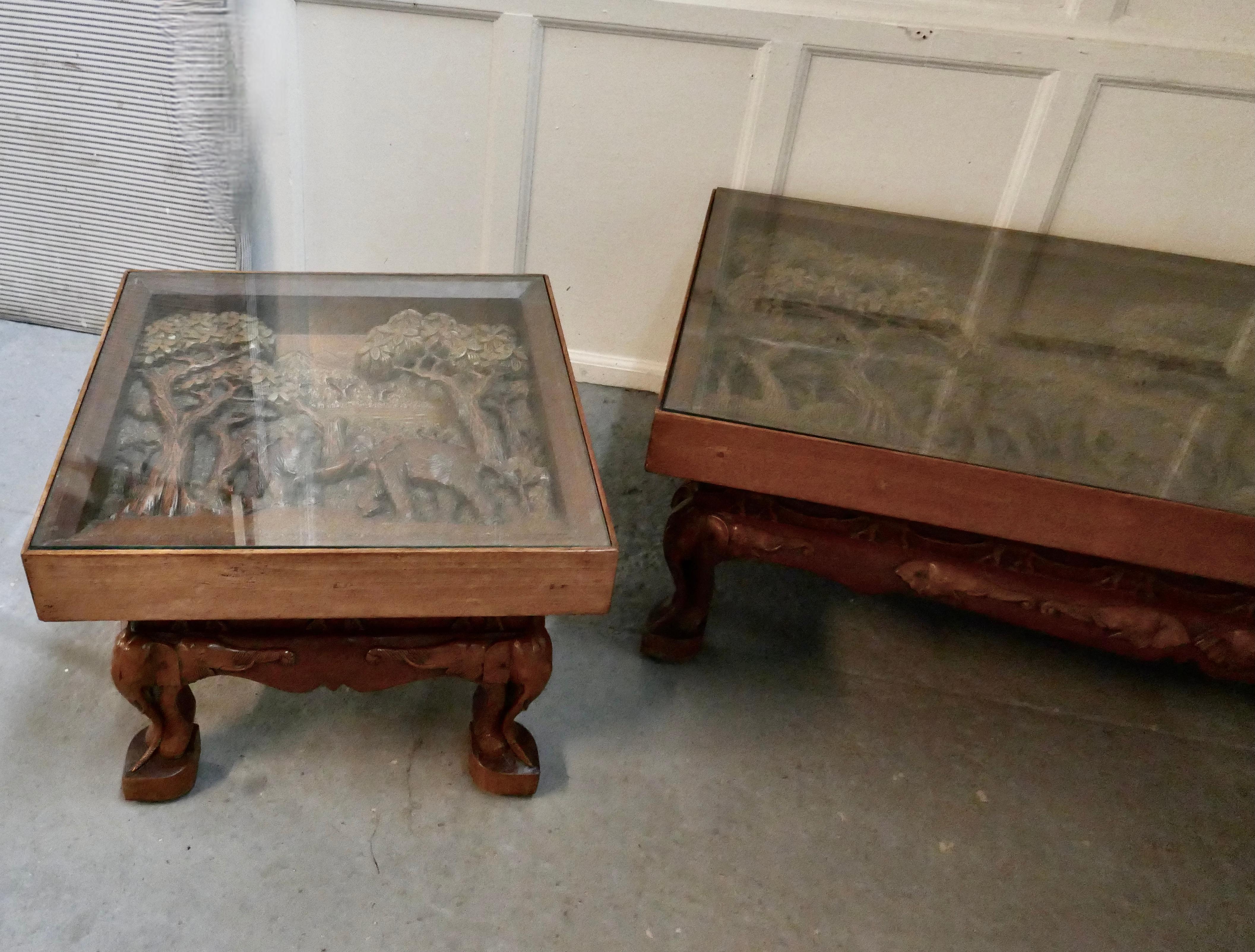Anglo-Indian Indian Teak Coffee Table and Side Table Set Carved with Elephants For Sale