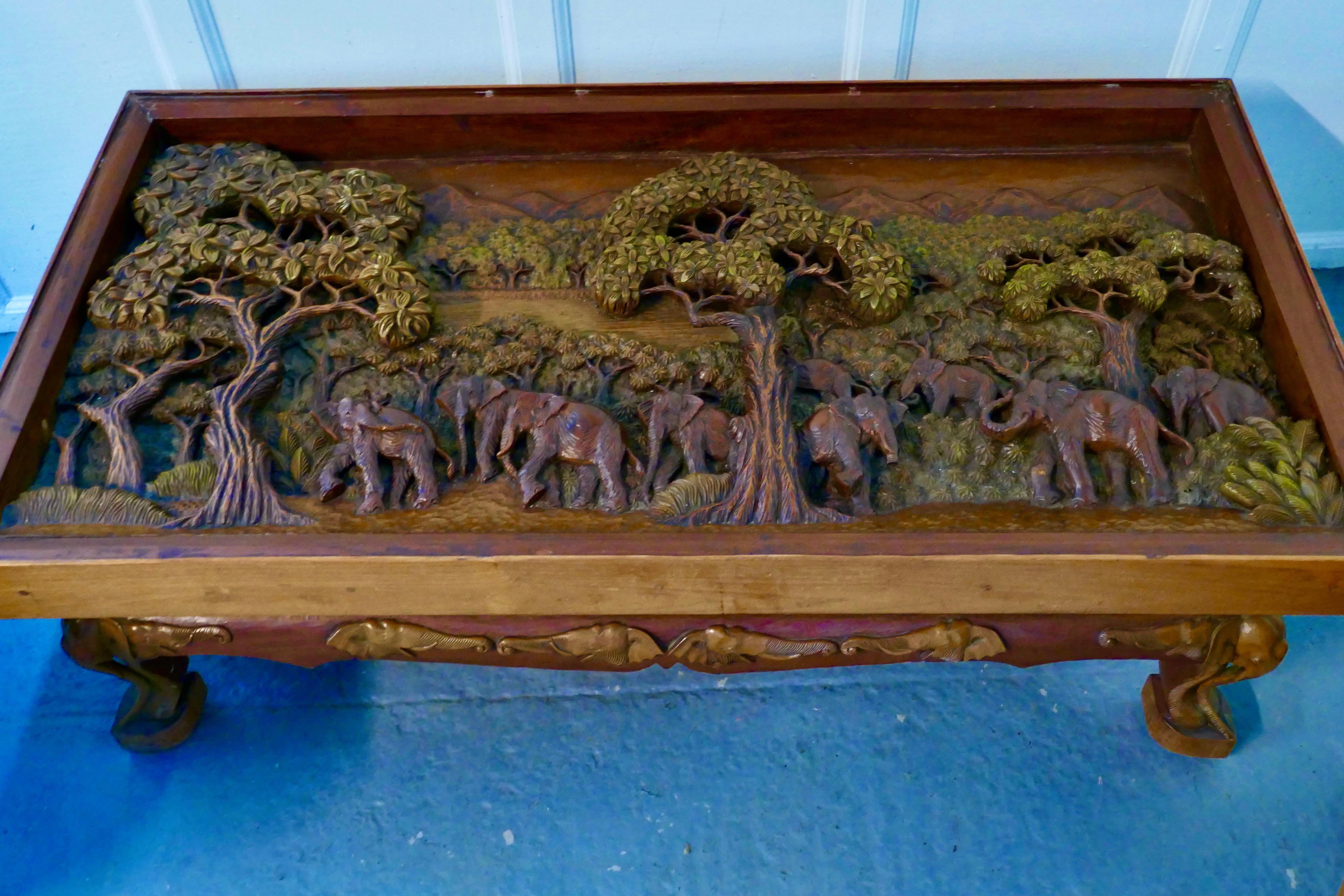 Indian Teak Coffee Table and Side Table Set Carved with Elephants In Good Condition For Sale In Chillerton, Isle of Wight