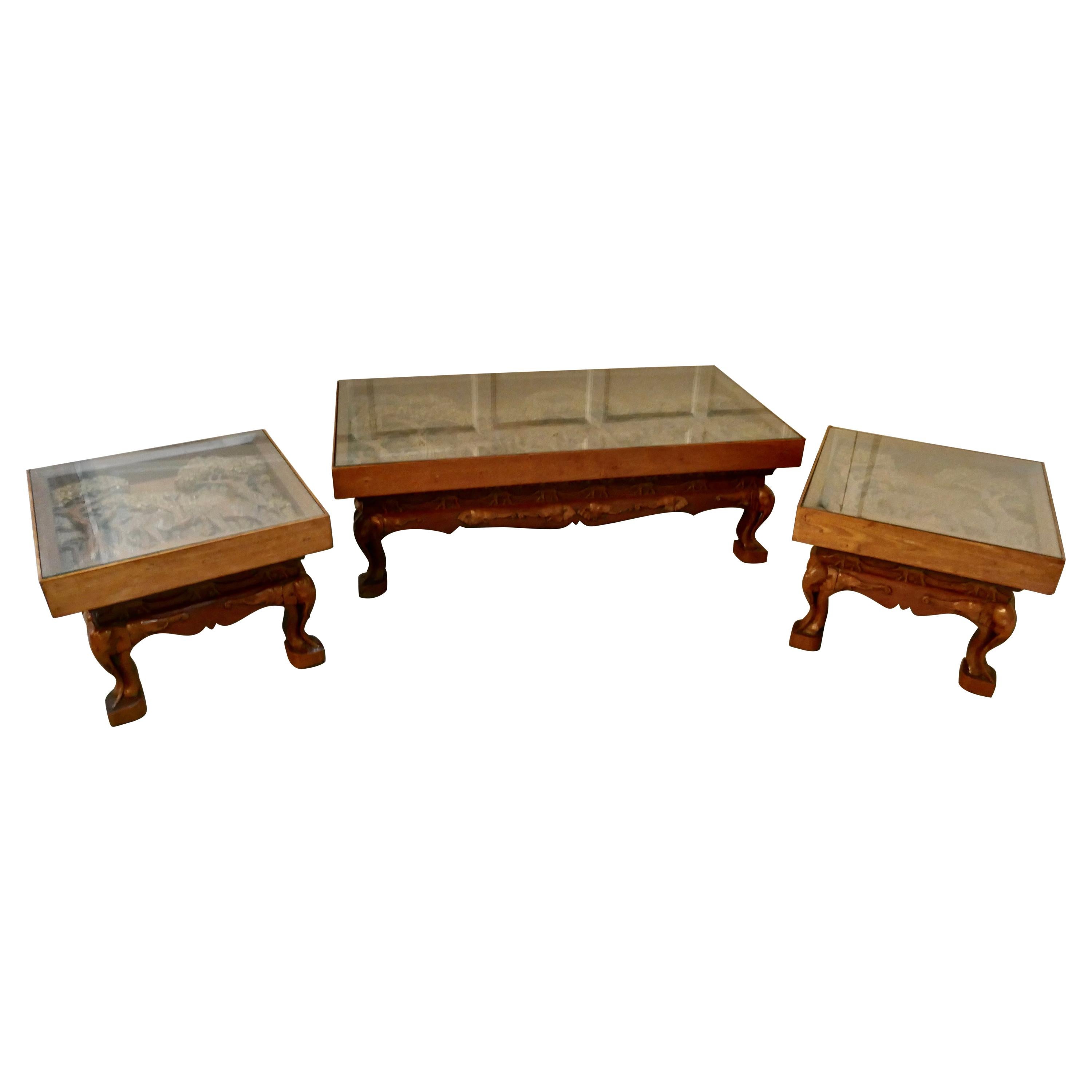 Indian Teak Coffee Table and Side Table Set Carved with Elephants For Sale