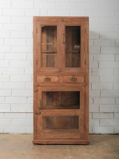 Indian Teak Glass Front Almirah Cabinet with Drawers and Brass Hardware