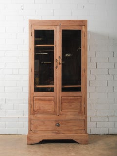 Indian Teak Glass Front Almirah Cabinet with Drawers and Interior Shelving