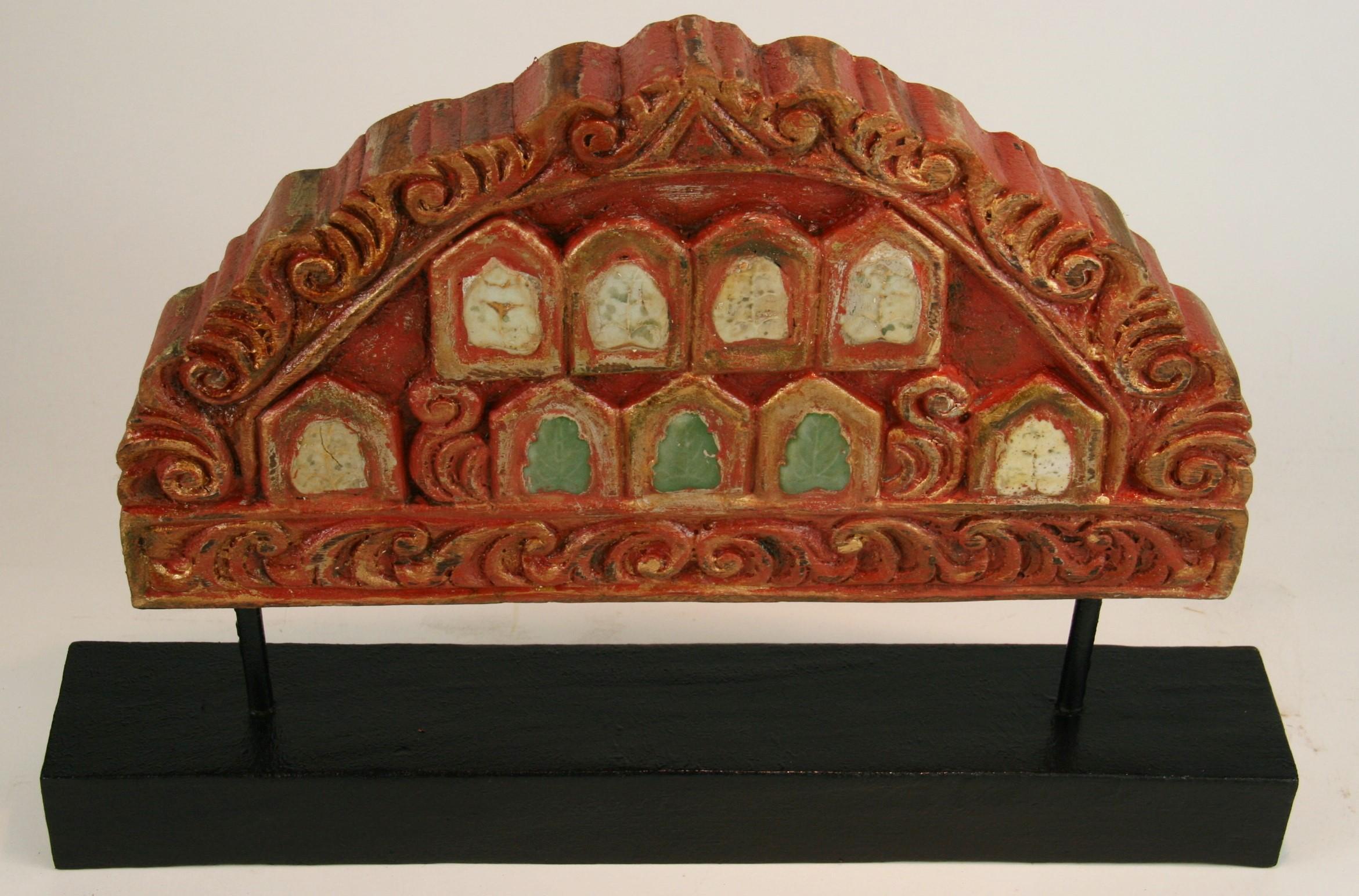 3-446 Indian temple hand carved architectural fragments with ceramic inlays.
Set on a custom wood base.