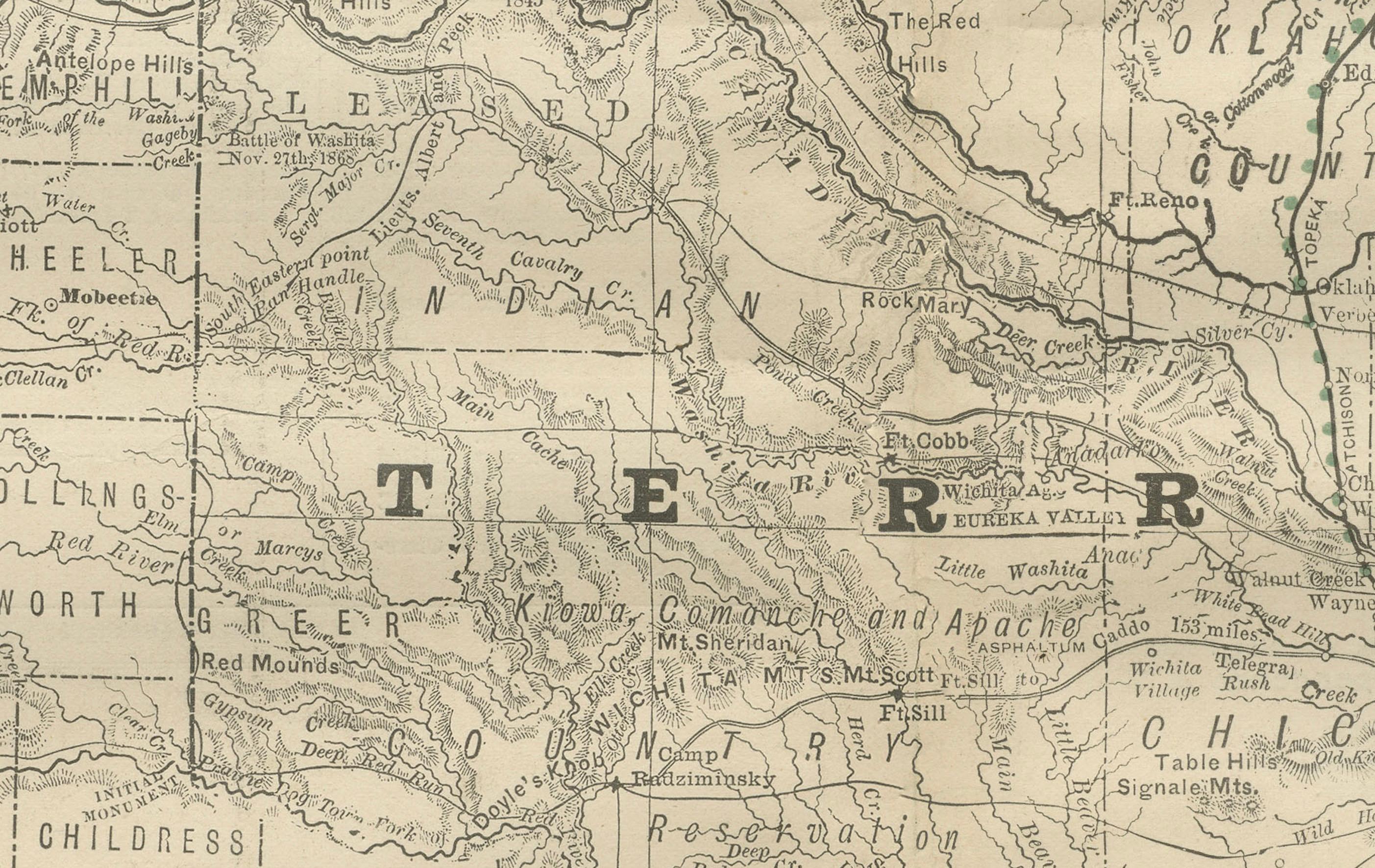 Mappa del Territorio Indiano 1888 - Rand McNally Litografia antica

Questa antica mappa del Territorio Indiano del 1888, pubblicata da Rand, McNally & Co. è una notevole testimonianza della regione che sarebbe poi diventata lo stato dell'Oklahoma