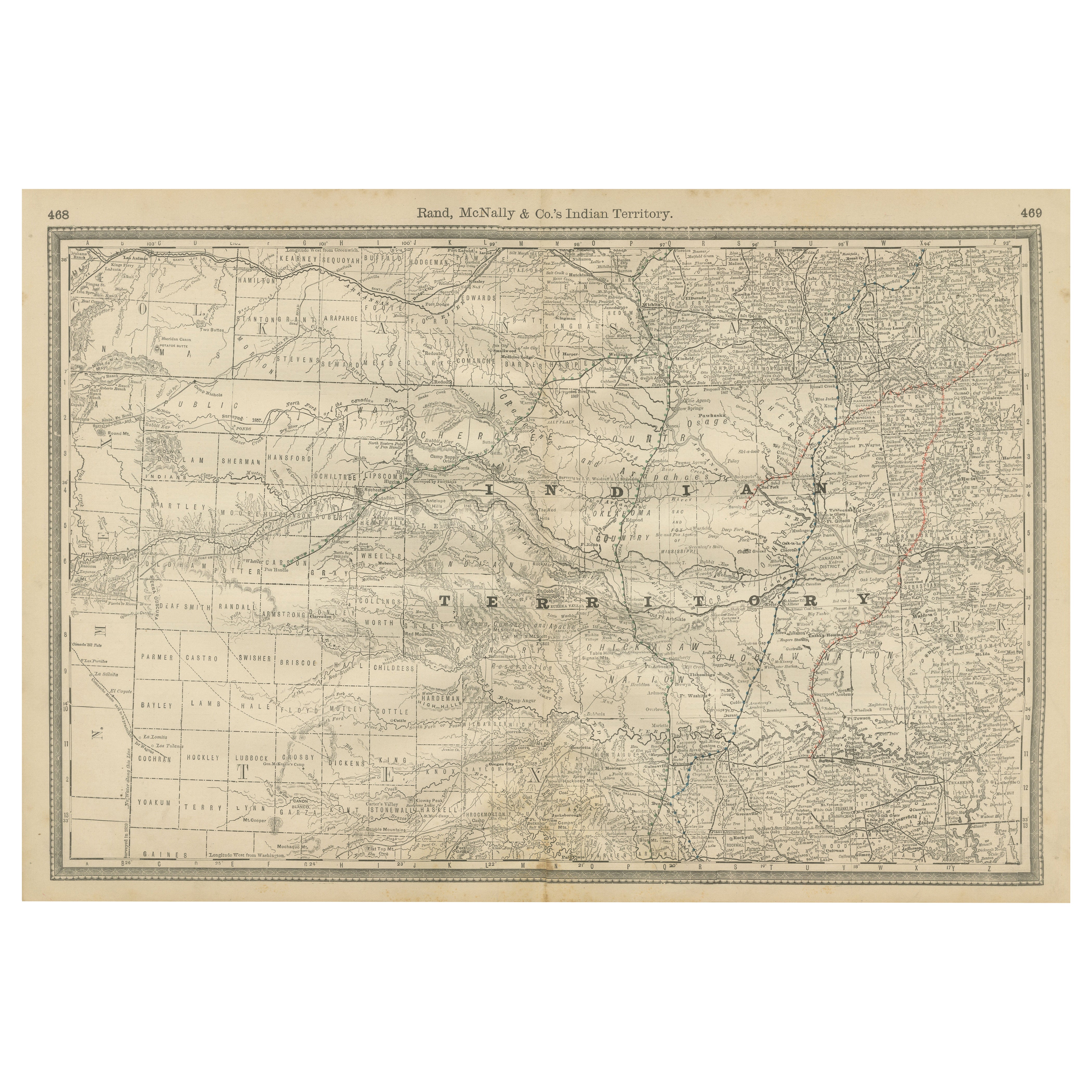 Mappa del Territorio Indiano 1888 - Rand McNally Litografia antica in vendita
