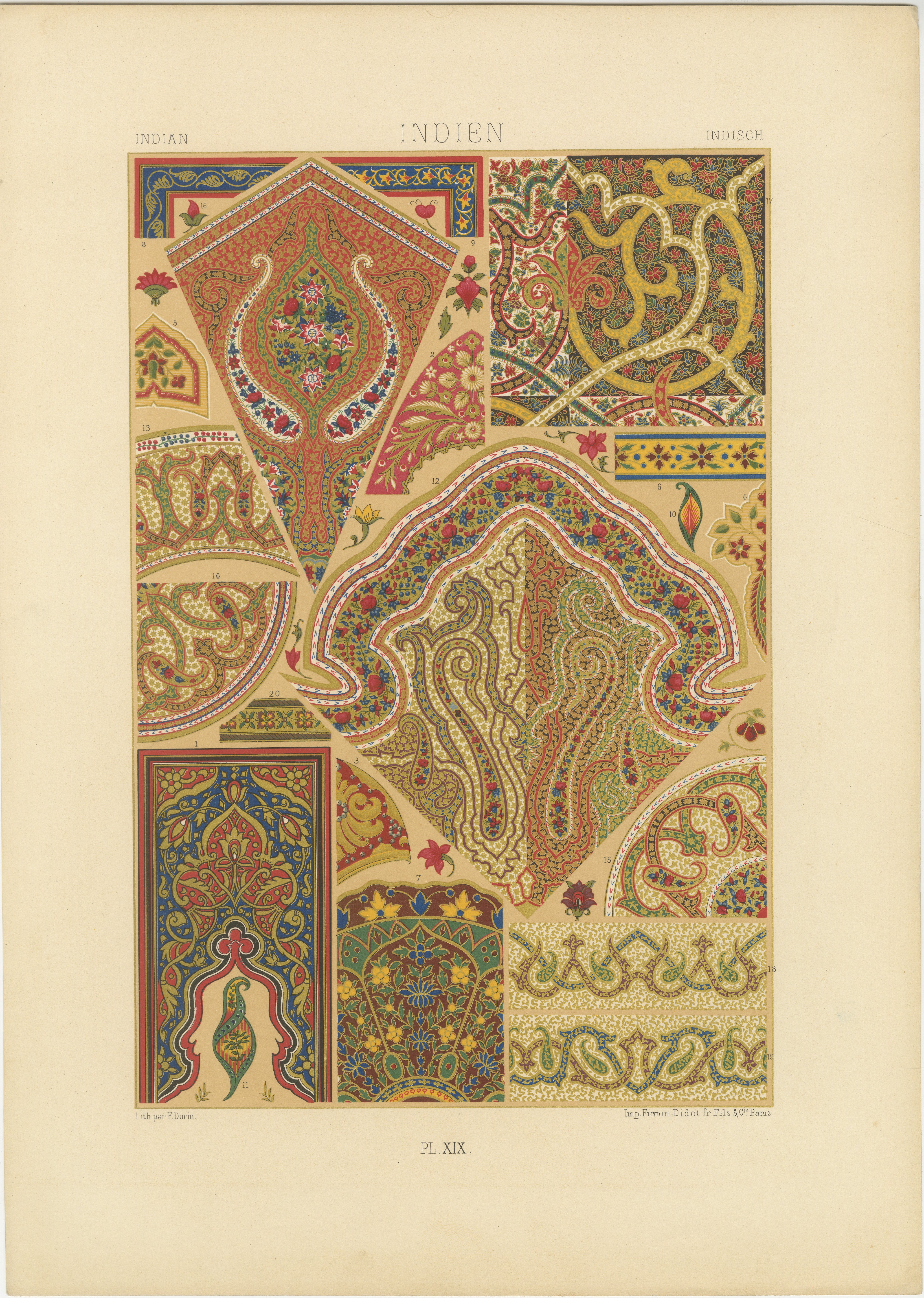 Pl. 19 Grabado antiguo de ornamentos indios de Racinet, hacia 1890