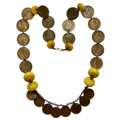 Indian Tibetan Coin and Yellow Resin Beads Necklace