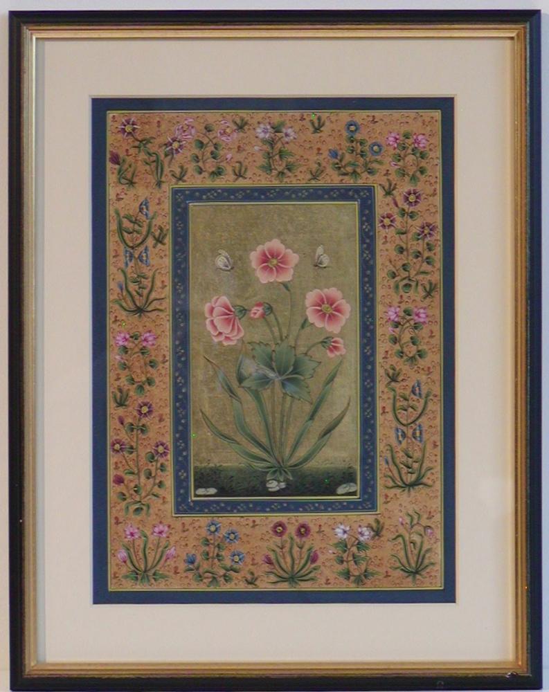 Indian Traditional Manuscript painting, Jaipur. Colours and gold leaf on paper, depicting on center in a rectangular frame a pink blossoming plant with two butterflies on a gold leaf background. The surrounding painted frame further painted with a