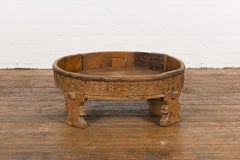 Indian Tribal 1920s Teak Chakki Grinding Table with Geometric Hand-Carved Motifs
