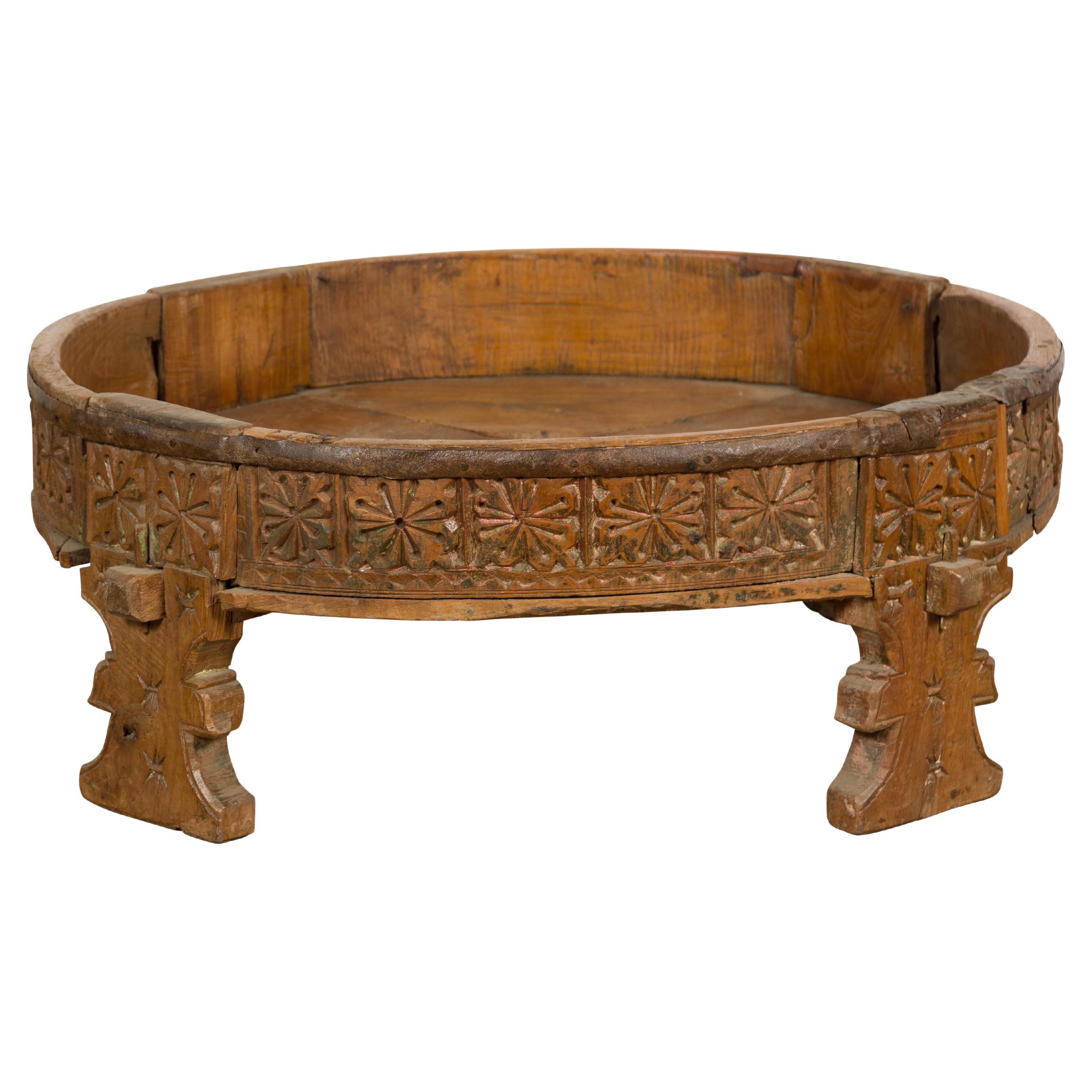 Indian Tribal 1920s Teak Chakki Grinding Table with Geometric Hand-Carved Motifs
