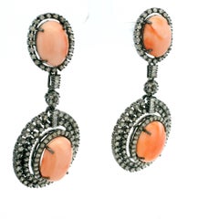 Indian Victorian Revival Coral and Diamond Drop Earrings in Oxidized Silver, Cir